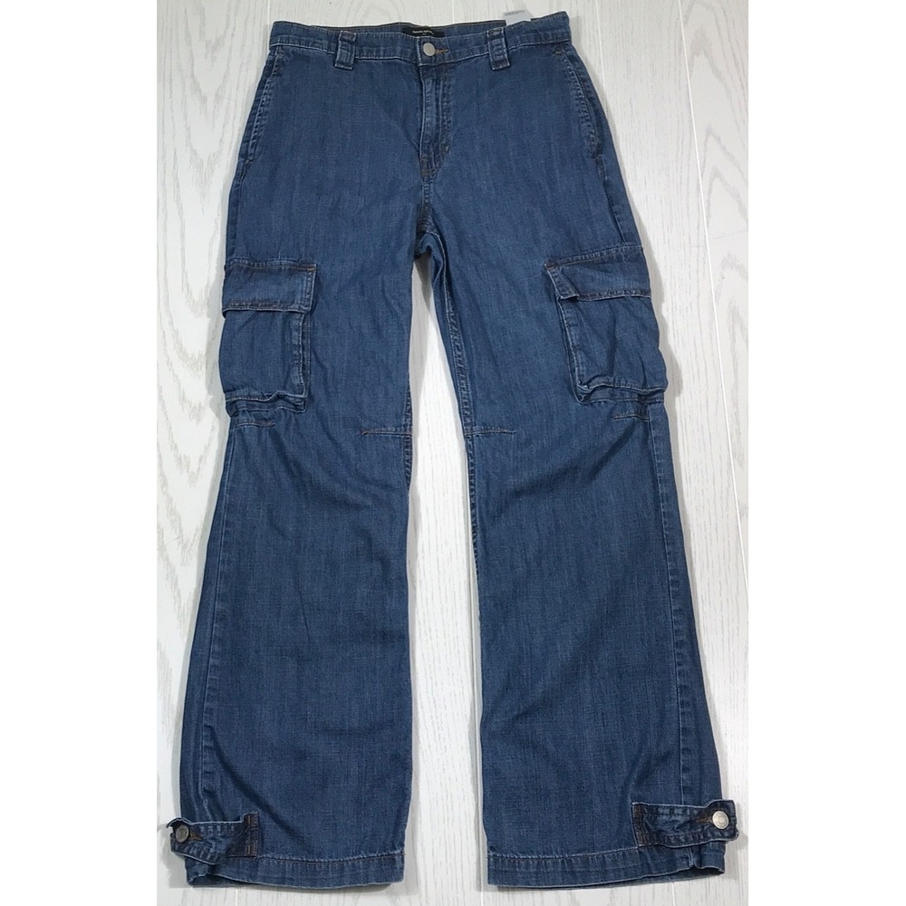 Banana Republic Barrel Cargo Jean Women's 4/27 Blue Ankle Button Wide Leg Denim